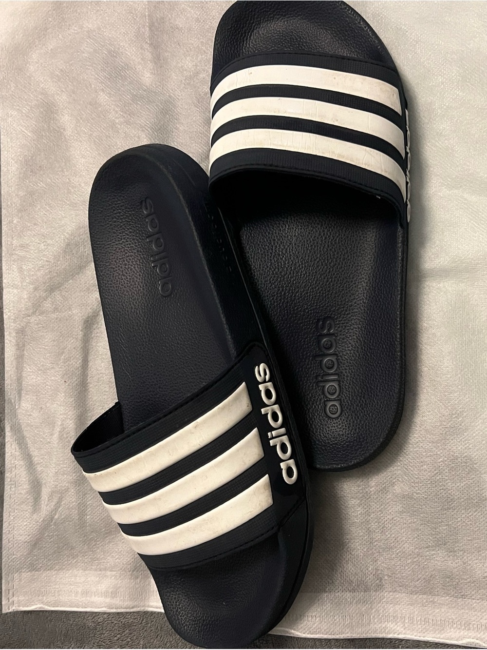 adidas Cloudfoam Navy Blue and White Slide Sandals with Three Stripes